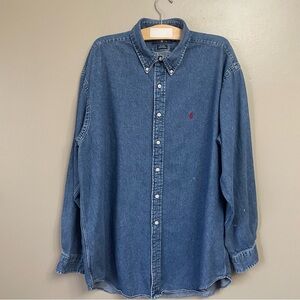 Vintage Polo Ralph Lauren Shirt Mens XL Blue Heavy Denim Long Sleeve Button 90s